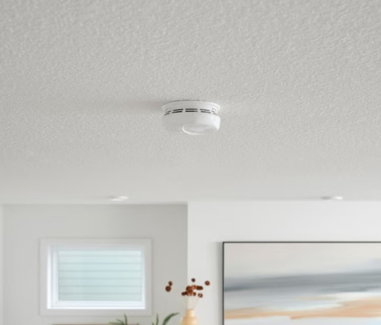 Smoke detector mounted on the ceiling of a living room