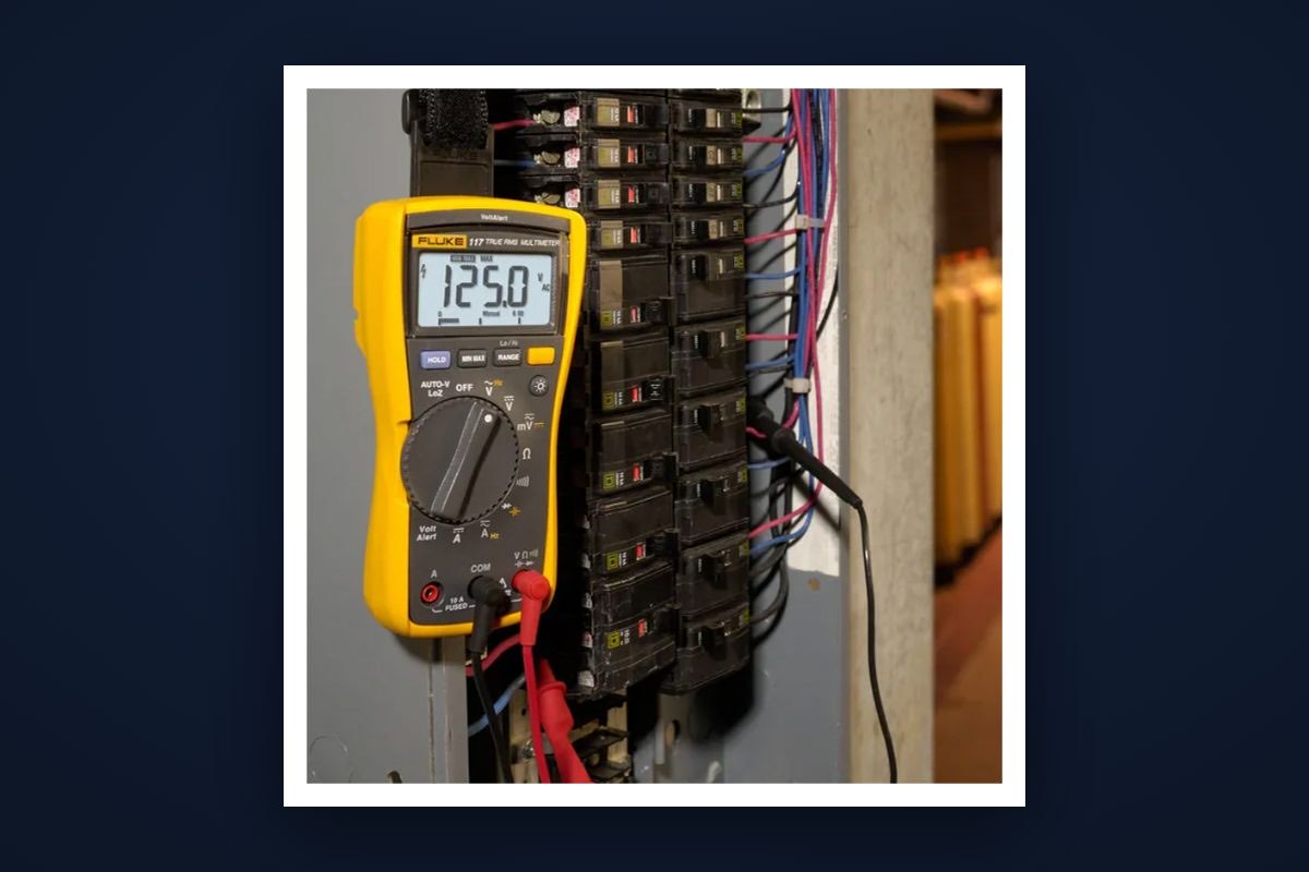 Fluke multimeter reading voltage at an open breaker panel