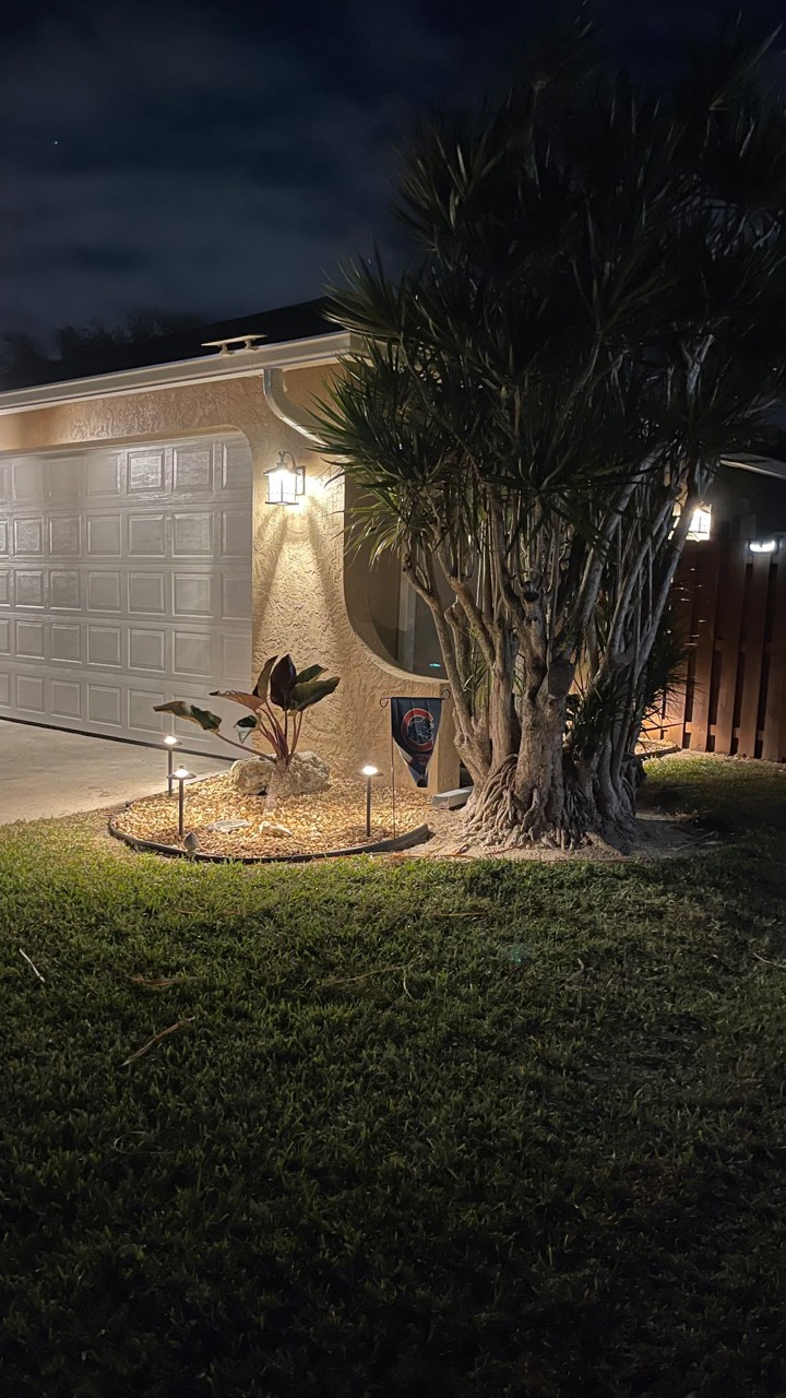 Spotlit tree and path lights in a fresh landscape bed beside a garage, with outdoor lanterns on the wall
